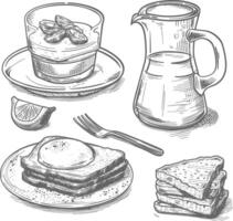 Breakfast menu ready to eat with engraving sketch style black color only vector