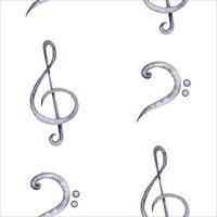 Seamless pattern treble and bass clef symbol. Classical music notes and sheet music wallpaper. Hand drawn watercolor illustration isolated on white background. For textile fabric or surface art design vector