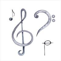 Treble and Bass Clef watercolor illustration. Classical Music notes hand painted isolated elements on white background. Perfect design for cards, graduation certificates, gifts for musicians vector
