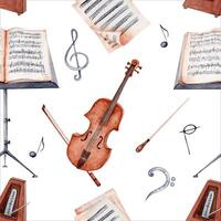 Violin, Music Stand, Notes, Meltronome and Sheet Music watercolor seamless pattern on white background. Perfect design for wrapping paper, fabric or wallpaper vector