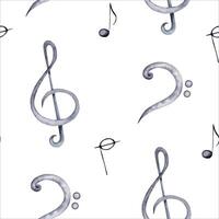 Seamless pattern treble and bass clef symbol. Classical music notes and sheet music wallpaper. Hand drawn watercolor illustration isolated on white background. For textile fabric or surface art design vector