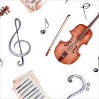 sin costura modelo con violín, arco y sábana música. triplicar bajo clave y música notas fondo de pantalla. mano dibujado acuarela ilustración aislado en blanco antecedentes. para textil tela o superficie Arte diseño vector