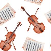 Seamless pattern with violin, bow and sheet music. Classical string instrument wallpaper. Hand drawn watercolor illustration isolated on white background. For textile fabric or any surface art designs vector