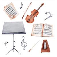 Violin, Music Stand, Notes and Sheet Music watercolor illustration. Classical Music isolated elements collection on white background. Perfect design for cards, graduation certificates, gifts vector