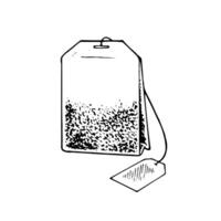 té bolso contorno ilustración. mano dibujado gráfico clipart de papel embalaje con etiqueta. comida negro línea Arte. lineal dibujo en aislado blanco antecedentes. Clásico bosquejo para icono y logo vector