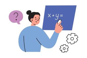 illustration of a teacher writing an equation on a blackboard. Flat cartoon style, perfect for themes of education, learning, and teaching math in a classroom setting, academic instruction vector