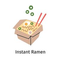 illustration of a takeout box with ramen and scallions, chopsticks sticking out. Doodle style, flat cartoon image for Asian cuisine, instant noodles, Korean street food vector