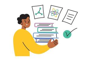 illustration of a student with books and science images, symbolizing learning and education. Flat cartoon style, perfect for academic and classroom themes, showing knowledge and study materials vector