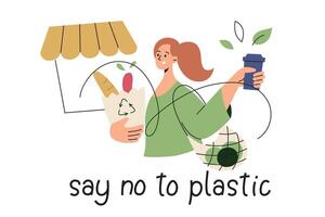 illustration of a woman promoting a plastic-free lifestyle. Holding reusable items and groceries in eco-friendly bags. Hand lettering, message say no to plastic. Flat cartoon style vector