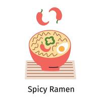 illustration of a bowl of spicy ramen with chili peppers above, placed on a bamboo mat. Doodle style, flat cartoon image for Asian cuisine, food, and dining concepts. Culinary cultural themes vector