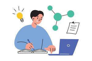 illustration of a student preparing for exam, reading from laptop and writing notes in a notebook. Doodle, flat, cartoon style, education concept, learning, and academic preparation vector