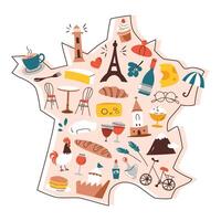 France map with doodles, french national symbols on country shape, travelling to Paris, Eifel tower illustration, geography cartoon composition for poster, brochure, and childrens book vector