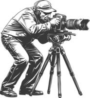 cameraman in action full body with old engraving sketch style black color only vector