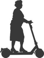 silhouette elderly woman riding hoverboard full body black color only vector