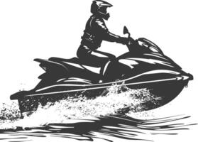 silhouette elderly woman riding jet ski full body black color only vector