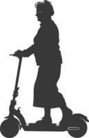 silhouette elderly woman riding hoverboard full body black color only vector