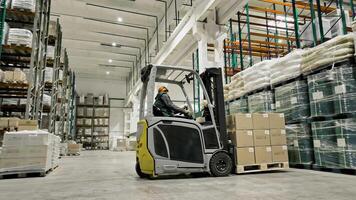 A warehouse worker operates a forklift in a large, organized facility The scene includes shelves stocked with various goods and products video