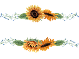 horizontaal kader met zonnebloemen en wild weide planten. blauw, oranje geel bloemen. bloemen zomer boeket. leeg ruimte voor tekst. waterverf illustratie voor uitnodiging, groet, etiket png