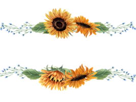 orizzontale telaio con girasoli e selvaggio prato impianti. blu, arancia giallo fiori. floreale estate mazzo. vuoto spazio per testo. acquerello illustrazione per invito, saluto, etichetta png