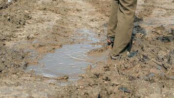 Close-up of a man standing in a swamp. Legs of a man walking in a puddle with a swamp. video