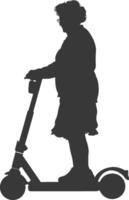 silhouette elderly woman riding hoverboard full body black color only vector