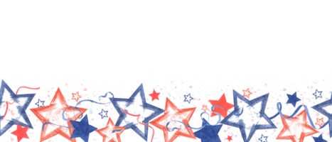 Red and blue stars in different shapes. Seamless horizontal banner in US national colors. Colored splashes. Empty space for text. American Independence Day, Columbus Day. Watercolor illustration png