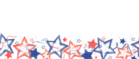 rojo y azul estrellas en diferente formas sin costura horizontal bandera en nosotros nacional colores. de colores salpicaduras vacío espacio para texto. americano independencia día, Colón día. acuarela ilustración png