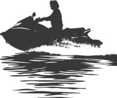 silhouette elderly woman riding jet ski full body black color only vector