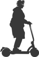 silhouette elderly woman riding hoverboard full body black color only vector