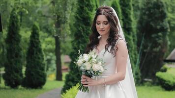 un hermosa novia soportes solo en el parque con un Boda ramo, mira a el ramo de flores y luego a el cámara. Boda caminar. Boda día. video