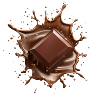 Chocolate bar submerged in cocoa, creating dynamic splash pattern. Dark bar contrasts png
