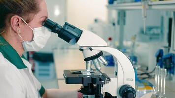 A female scientist looks into a microscope while working in a laboratory. Laboratory of modern medical experiments and analyses. A female laboratory assistant looks into a microscope, analyzing video