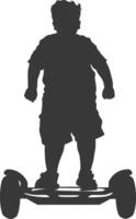 silhouette fat boy riding hoverboard full body black color only vector