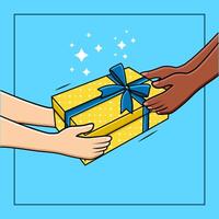 manos dando regalo caja donación de diversidad personas apoyo y caridad concepto ilustración vector