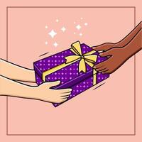 manos dando regalo caja donación de diversidad personas apoyo y caridad concepto ilustración vector