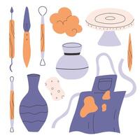 Set of pottery tools in flat style. Collection of tools for clay in hand drawn style. illustration. vector