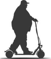 silhouette fat elderly man riding electric scooter full body black color only vector