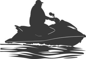 silhouette fat elderly man riding jet ski full body black color only vector