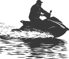 silhouette fat elderly man riding jet ski full body black color only vector