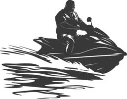 silhouette fat elderly man riding jet ski full body black color only vector