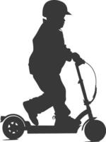 silhouette fat boy riding electric scooter full body black color only vector