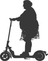 silhouette fat elderly woman riding electric scooter full body black color only vector