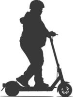 silhouette fat boy riding electric scooter full body black color only vector