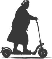 silhouette fat elderly woman riding electric scooter full body black color only vector