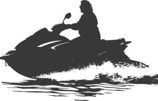 silhouette fat elderly woman riding jet ski full body black color only vector