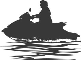 silhouette fat elderly woman riding jet ski full body black color only vector