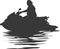 silhouette fat elderly woman riding jet ski full body black color only vector