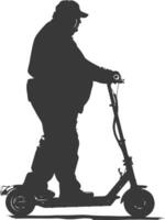 silhouette fat elderly man riding electric scooter full body black color only vector