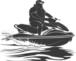 silhouette fat elderly man riding jet ski full body black color only vector