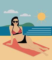 Illustration of a woman in bikini relaxing on sandy beach and having suntan in summer vacation. vector